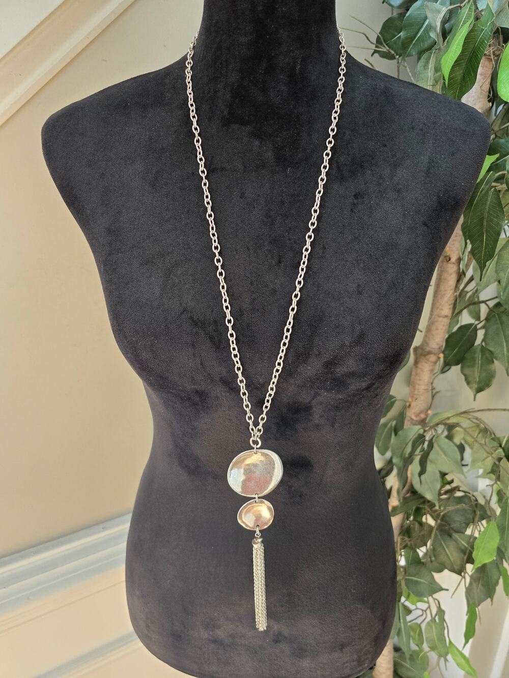 Long Silver Tone Double Disc Pendant Necklace Tassel Dangle